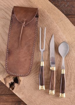 3-teiliges Mittelalterbesteck mit Holzgriff und Lederetui