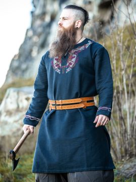 Wikingertunika Snorri mit Stickerei rot-natur
