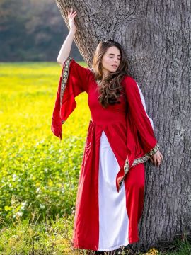 Edles Kleid mit Bordüre rot-natur L