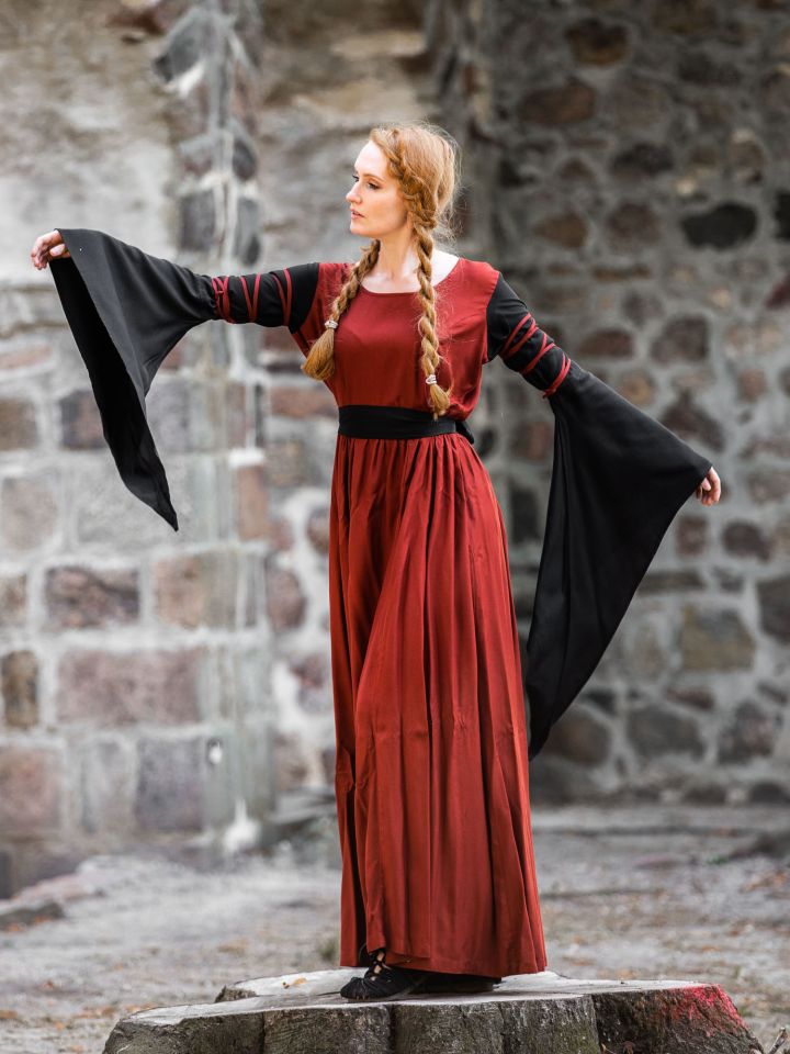 Kleid mit Trompetenärmeln rot-schwarz XS