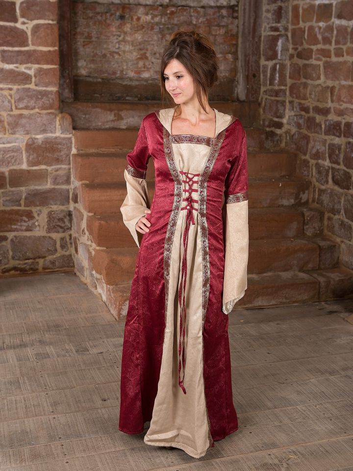 Mittelalterkleid mit Kapuze in rot-natur
