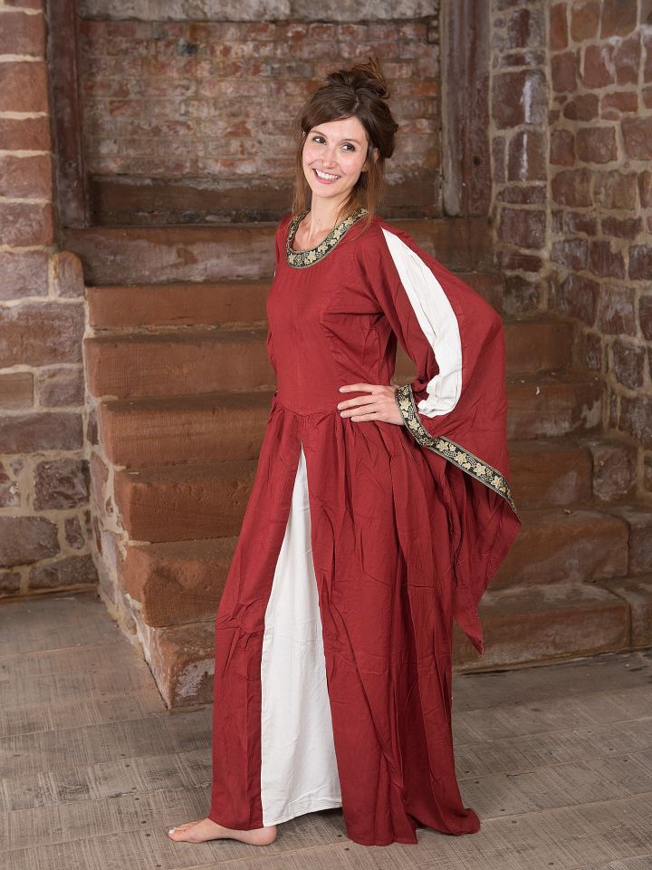 Edles Kleid mit Bordüre rot-natur