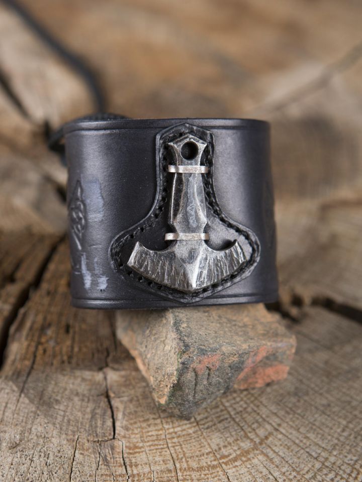 Lederarmband mit Thorshammer, schwarz