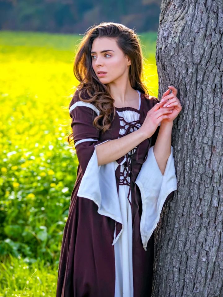 Kleid mit Trompetenärmeln, braun-natur XL