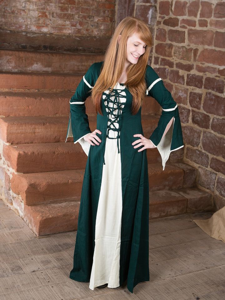 Kleid mit Trompetenärmeln, grün-natur M