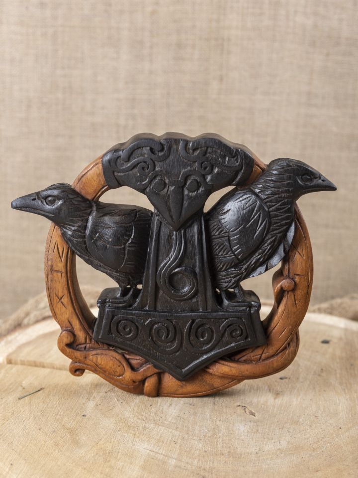 Holz-Wandschmuck Hugin & Munin mit Thorshammer