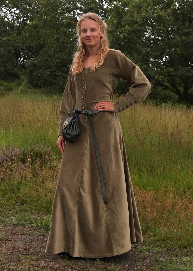 Mittelalter-Kleid ärmellos Schnürung Stickerei Samt in olive Gr S//M u L//XL