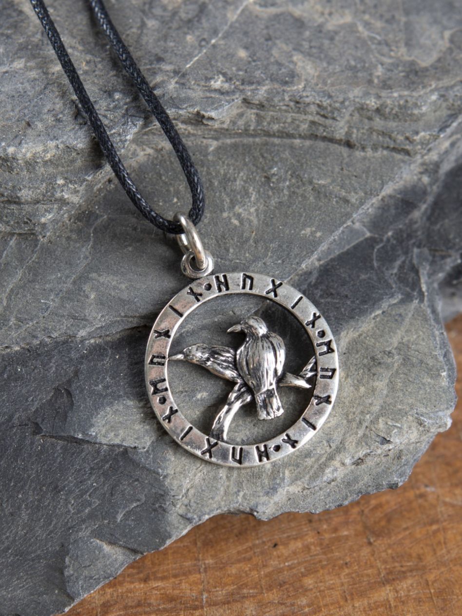 NEUHEIT  Wikinger Odin Amulett 925 Silber Raben Hugin und Munin und Ansuz Rune