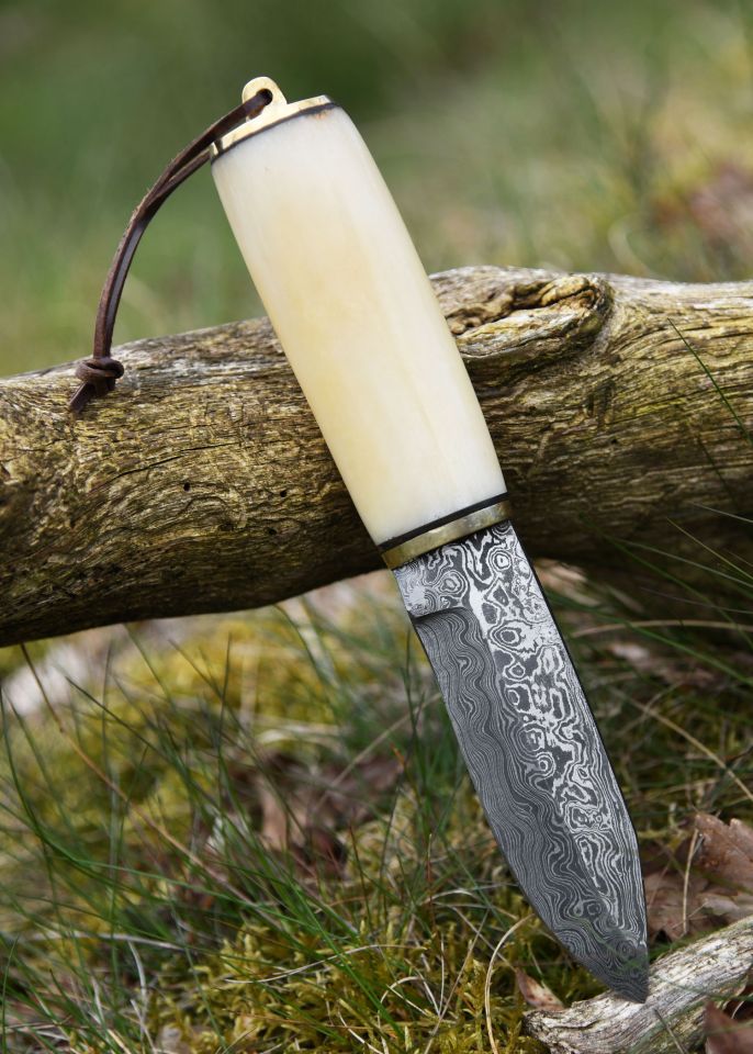 Gebrauchsmesser aus Damaststahl mit Knochengriff 2
