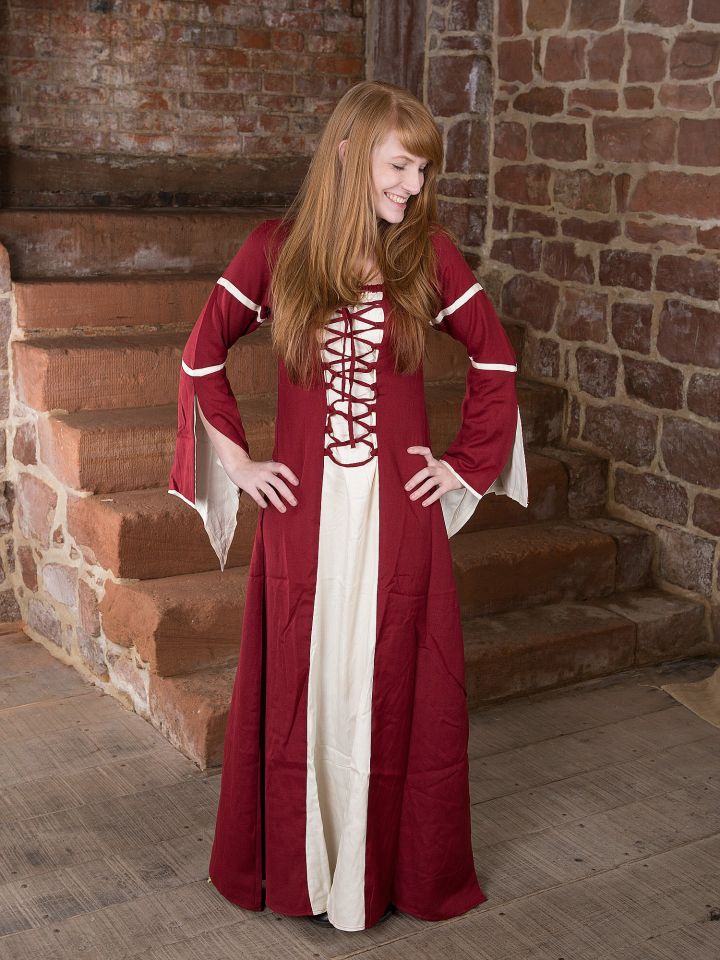 Kleid mit Trompetenärmeln, natur-rot L 2