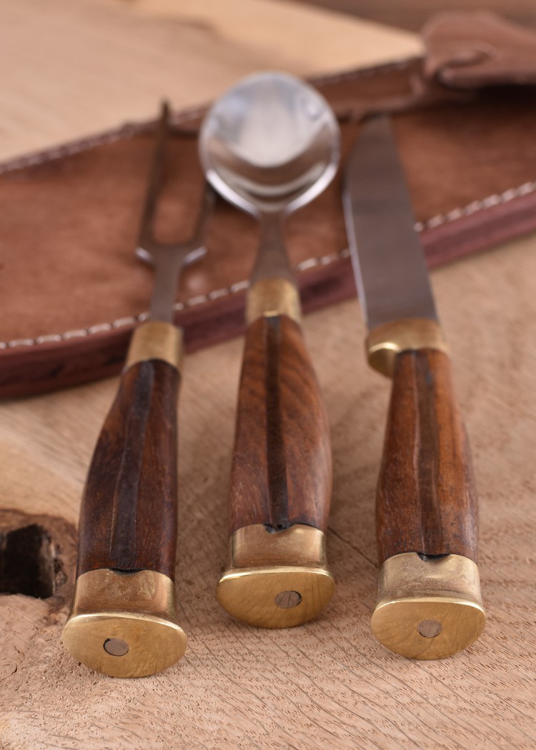 14 cm Lederetui ca Holzgriffe Battle-Merchant Mittelalter Essbesteck aus Edelstahl inkl