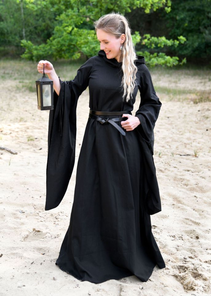 Mittelalter Kleid Isra mit Kapuze schwarz M 3