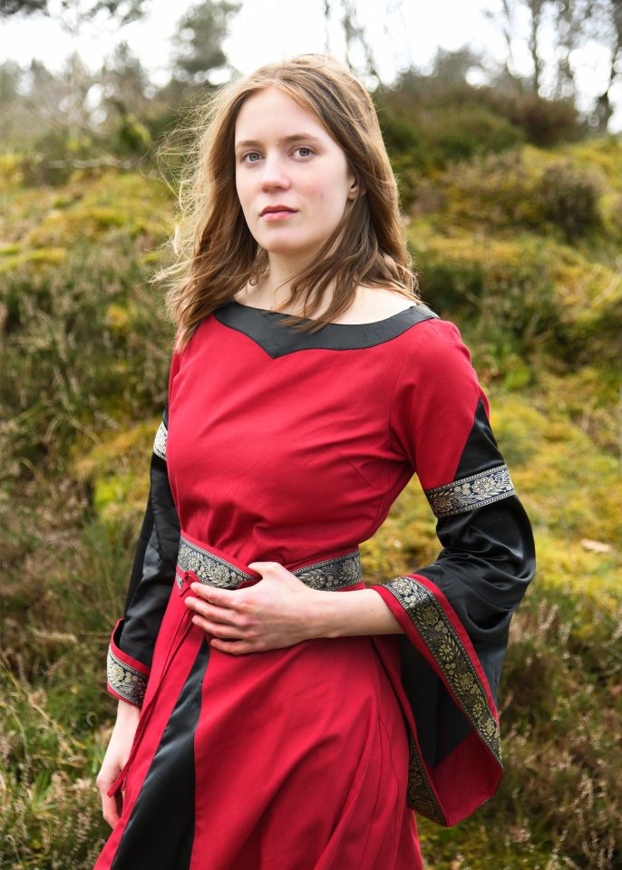 Edles Mittelalterkleid Bliaut rot-schwarz L 3