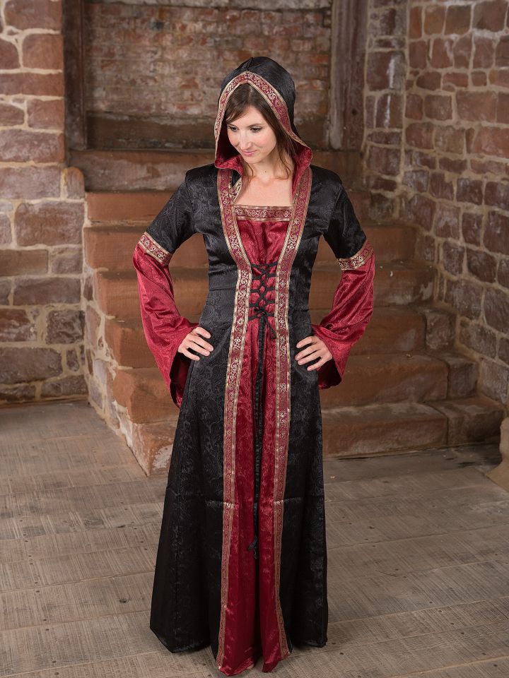 Mittelalterkleid mit Kapuze schwarz rot 3