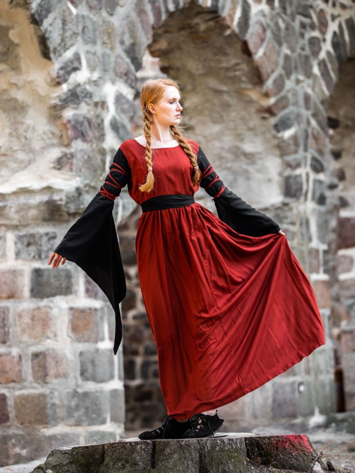 Kleid mit Trompetenärmeln rot-schwarz XS 4